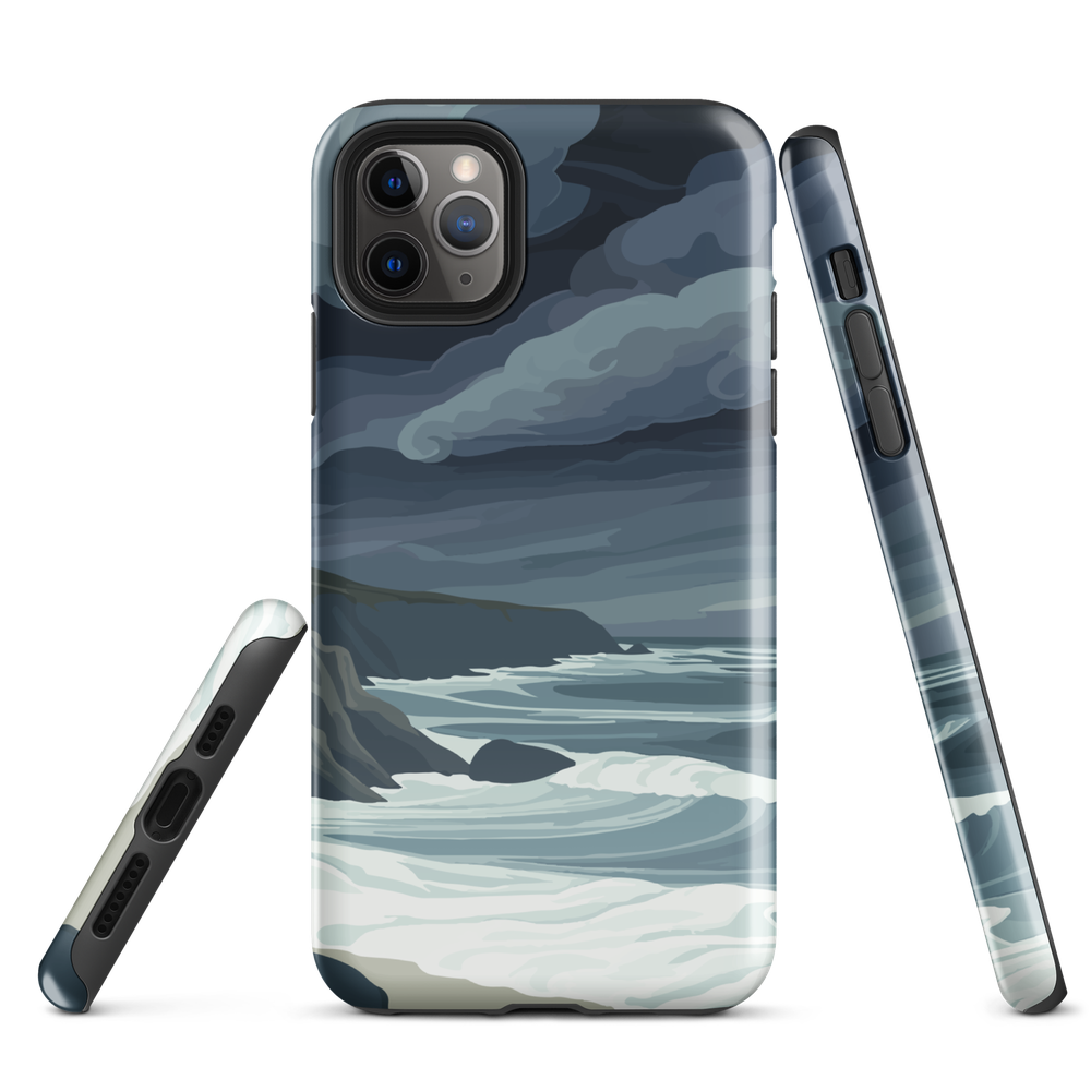 Phone case featuring moody Cape Kidnappers coastline with crashing waves and dark skies
