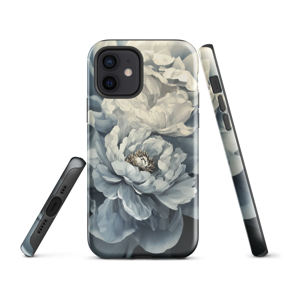 'Whisper' iPhone case features a stunning close-up of softly painted peony blooms in dreamy shades of ivory, grey, and smoky blue.