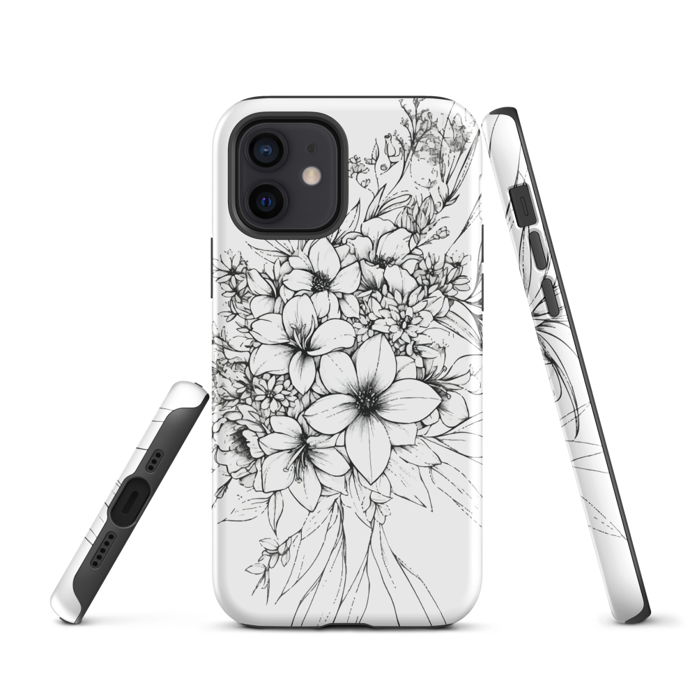 Black and white floral phone case with hand-drawn lilies and wildflowers