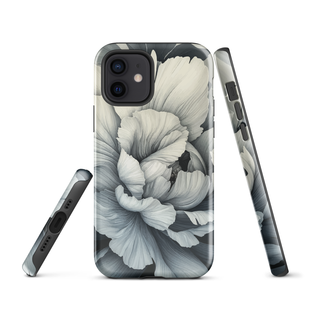 Black and white floral phone case featuring a soft, moody peony design by New Zealand artist Ben Hart.