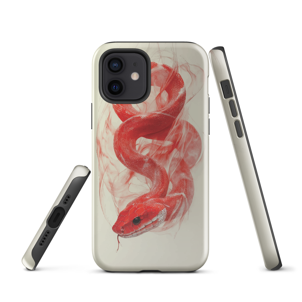 Phone case with red snake design on a cream background, coiled in smoky detail. Bold artwork by NZ designer Ben Hart.