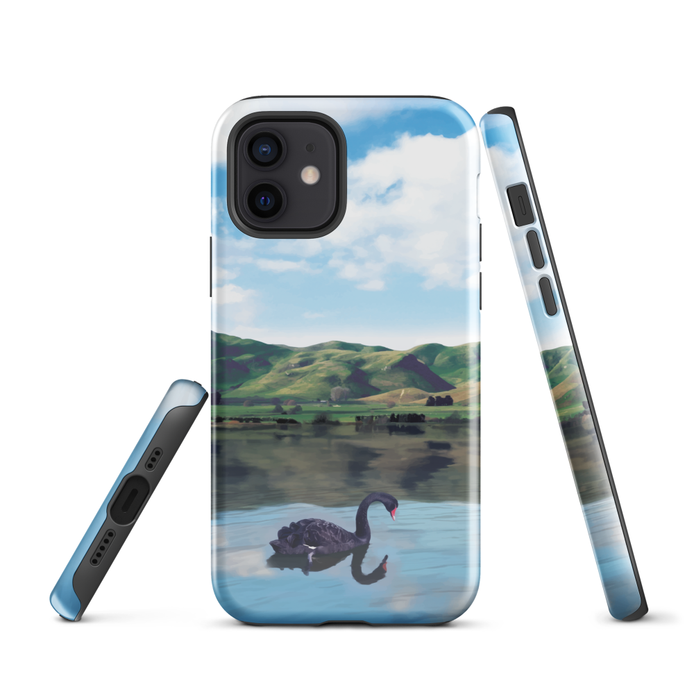 Phone case with a black swan on a calm lake, New Zealand hills in the background. Art by NZ designer Ben Hart.