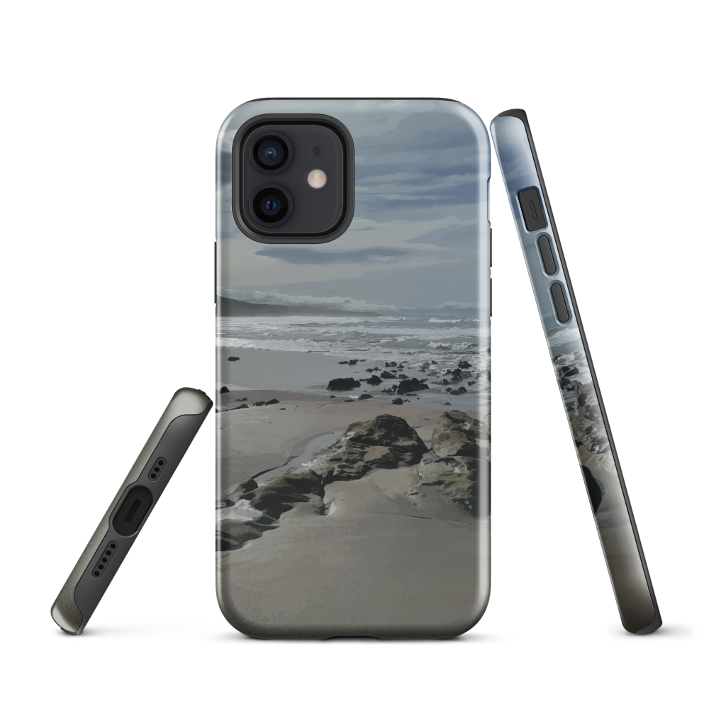 Phone case with artwork of Riversdale Beach, Masterton – rocks, waves and sky by NZ artist Ben Hart.