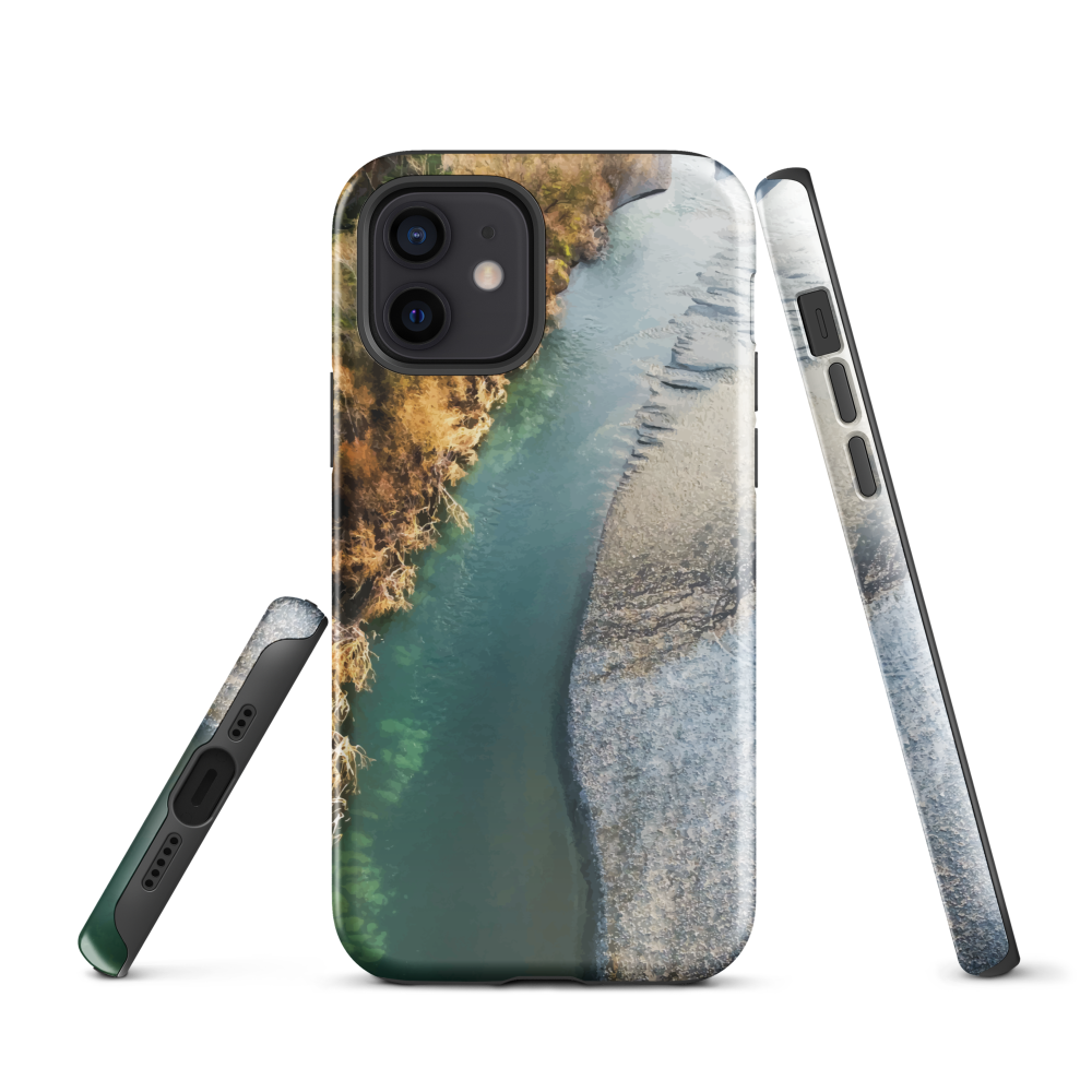Phone case with aerial riverbend artwork and earthy tones, designed by New Zealand artist Ben Hart.