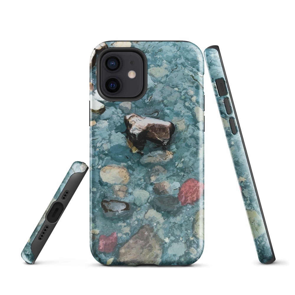 Washed Away designer phone case with abstract river stone artwork in earthy blues and natural tones.