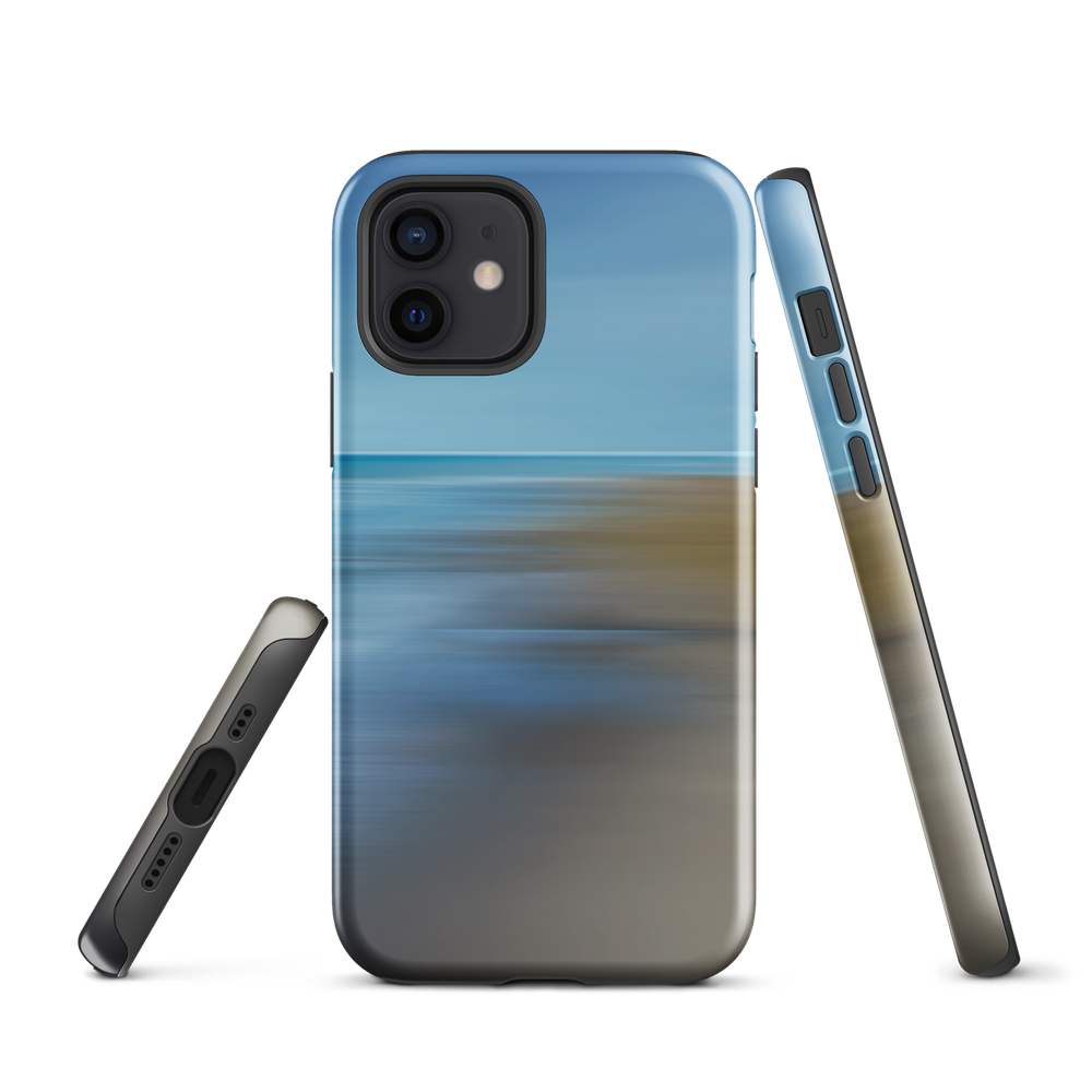 Ocean Breeze phone case with abstract blue and sandy tones inspired by sea and sky.