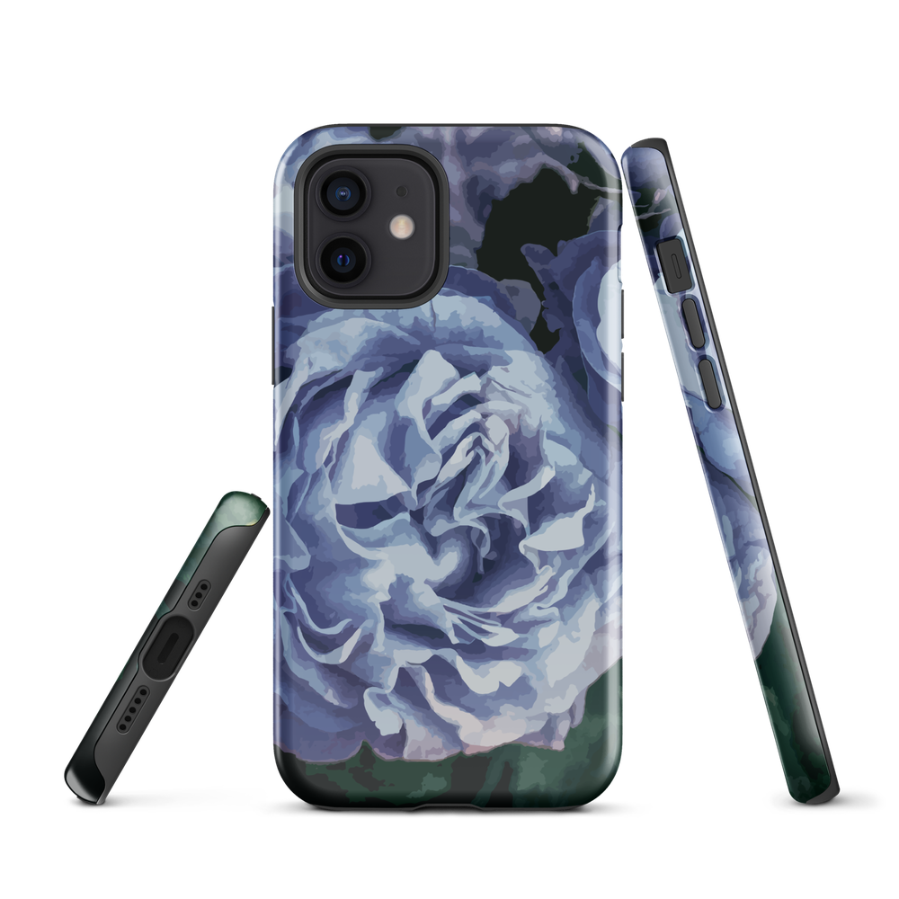 Designer phone case with a bold blue rose artwork and glossy finish.