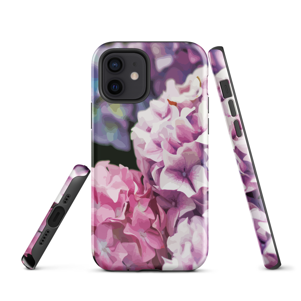 Designer phone case with pink and purple hydrangea floral artwork.