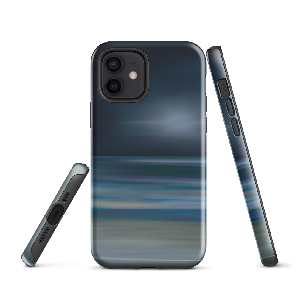Dark abstract phone case with blue and grey streaks and glossy finish.