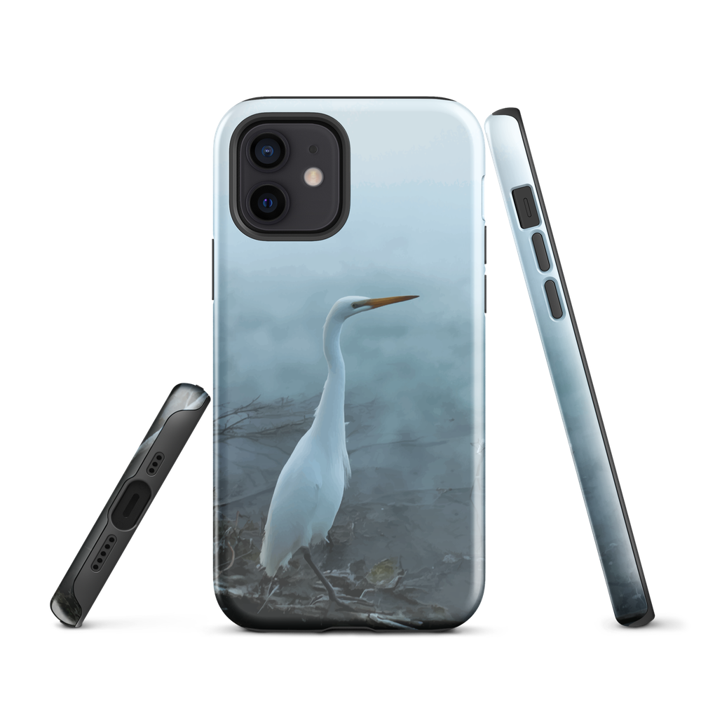 Phone case with a white heron standing in a misty wetland scene.