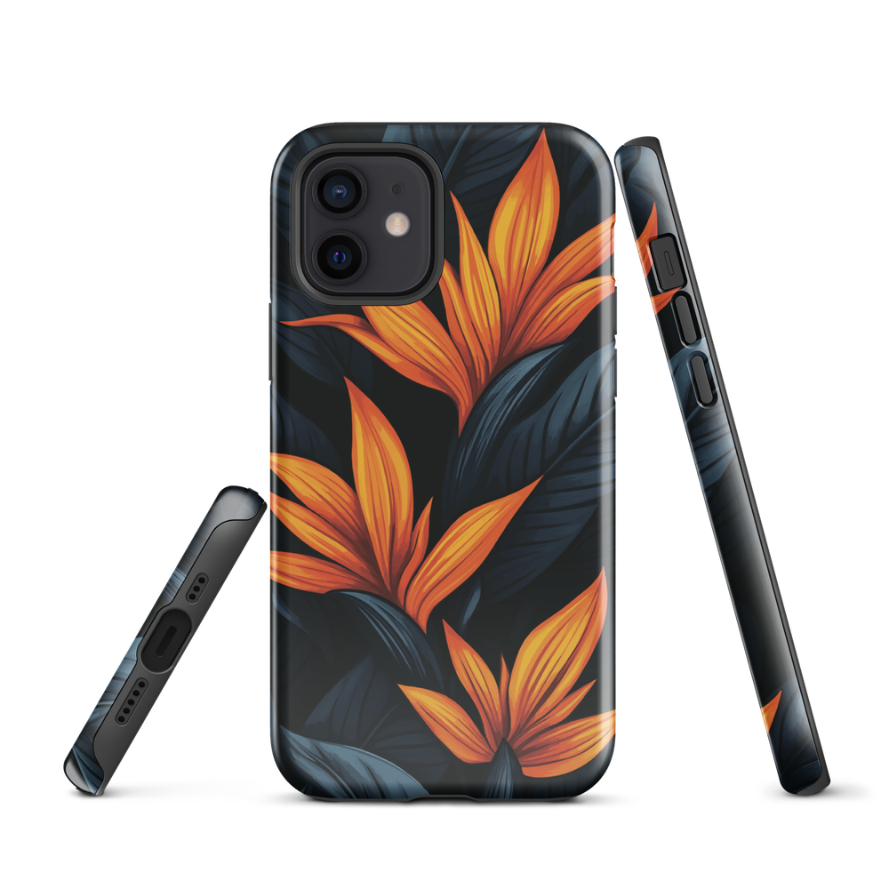 Phone case with bold orange bird of paradise flowers on dark background.