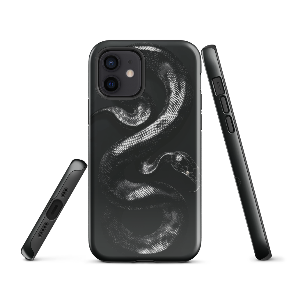 Phone case with detailed black python design on dark background.