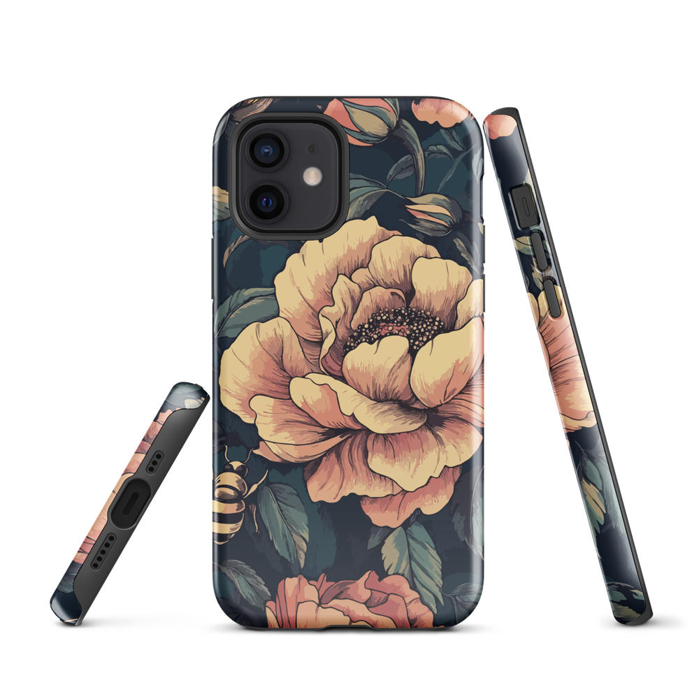 Phone case with vintage-style pink roses and bees on dark background, floral New Zealand artwork.