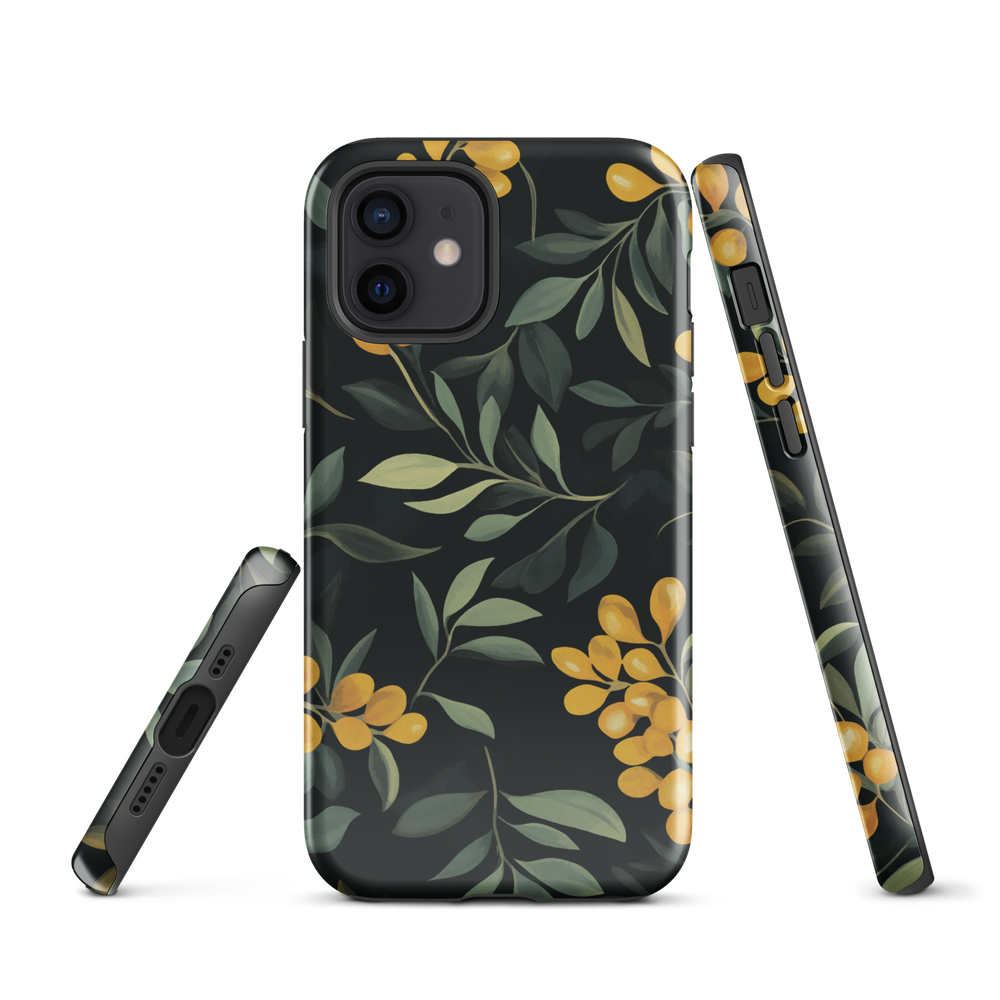 NZ Kowhai phone case with native yellow floral and green leaves on black background by designer Ben Hart.
