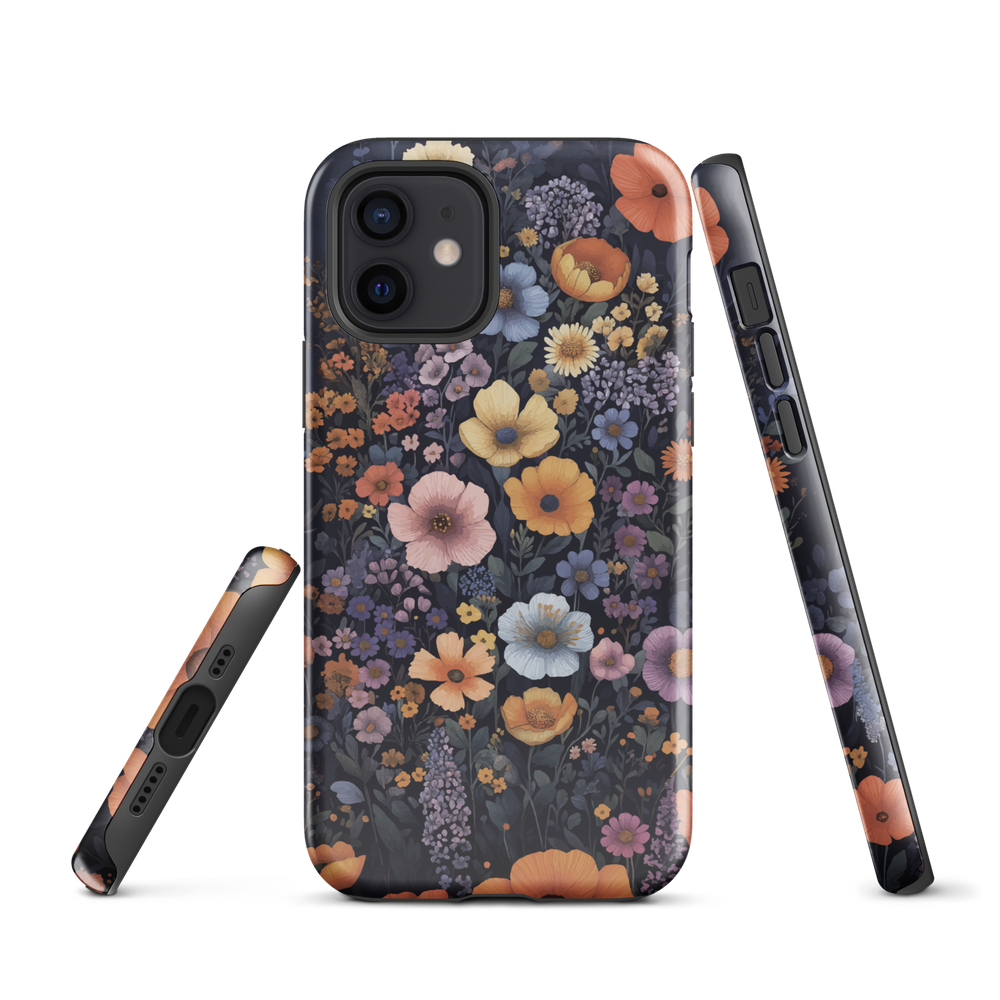Phone case with colourful wildflowers on dark background, floral art design