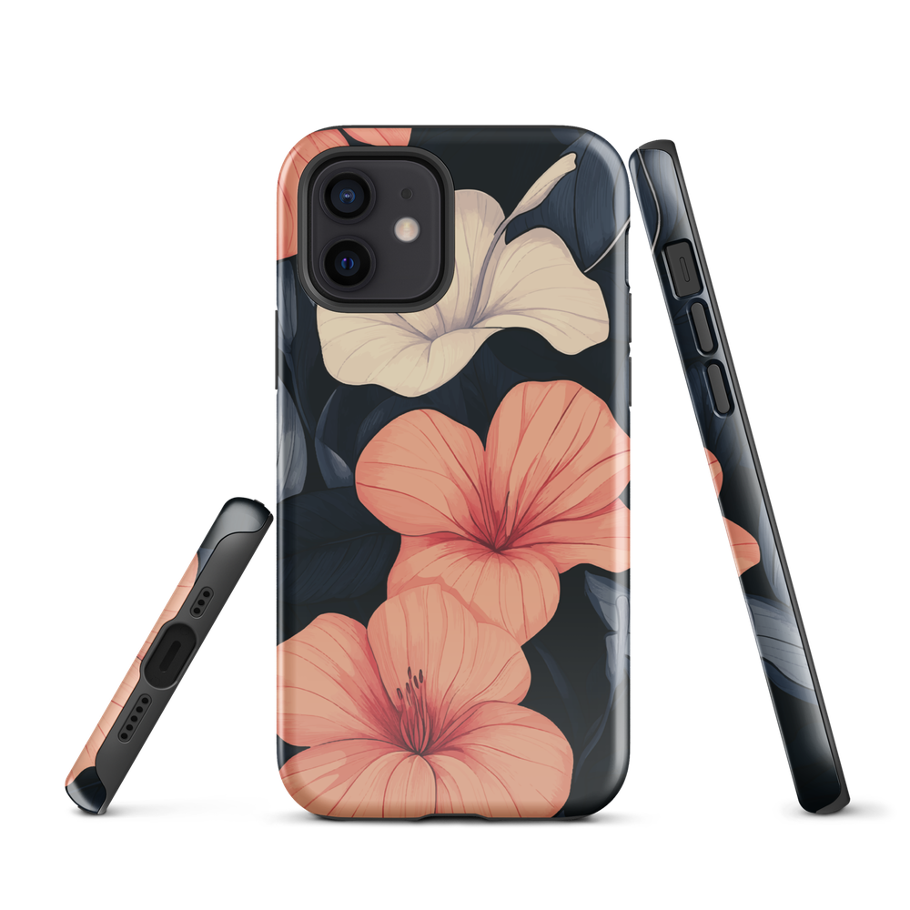 Phone case with coral hibiscus flowers and ivory blooms on dark background