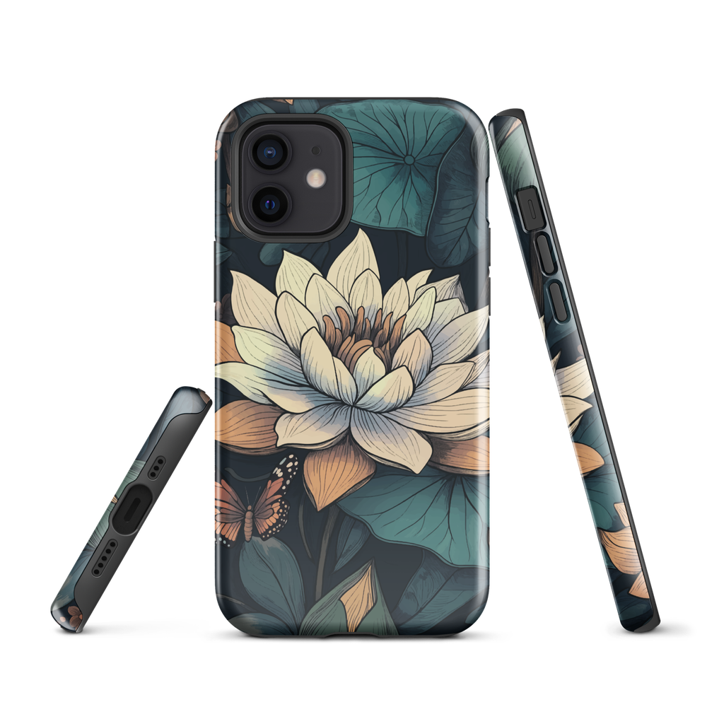 Phone case with ivory water lily, green leaves, and butterfly accents on dark background