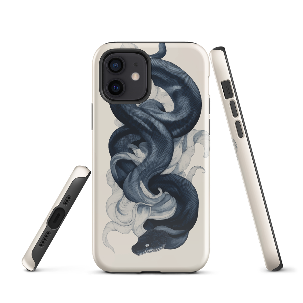 Phone case with black python and smoke design on cream background