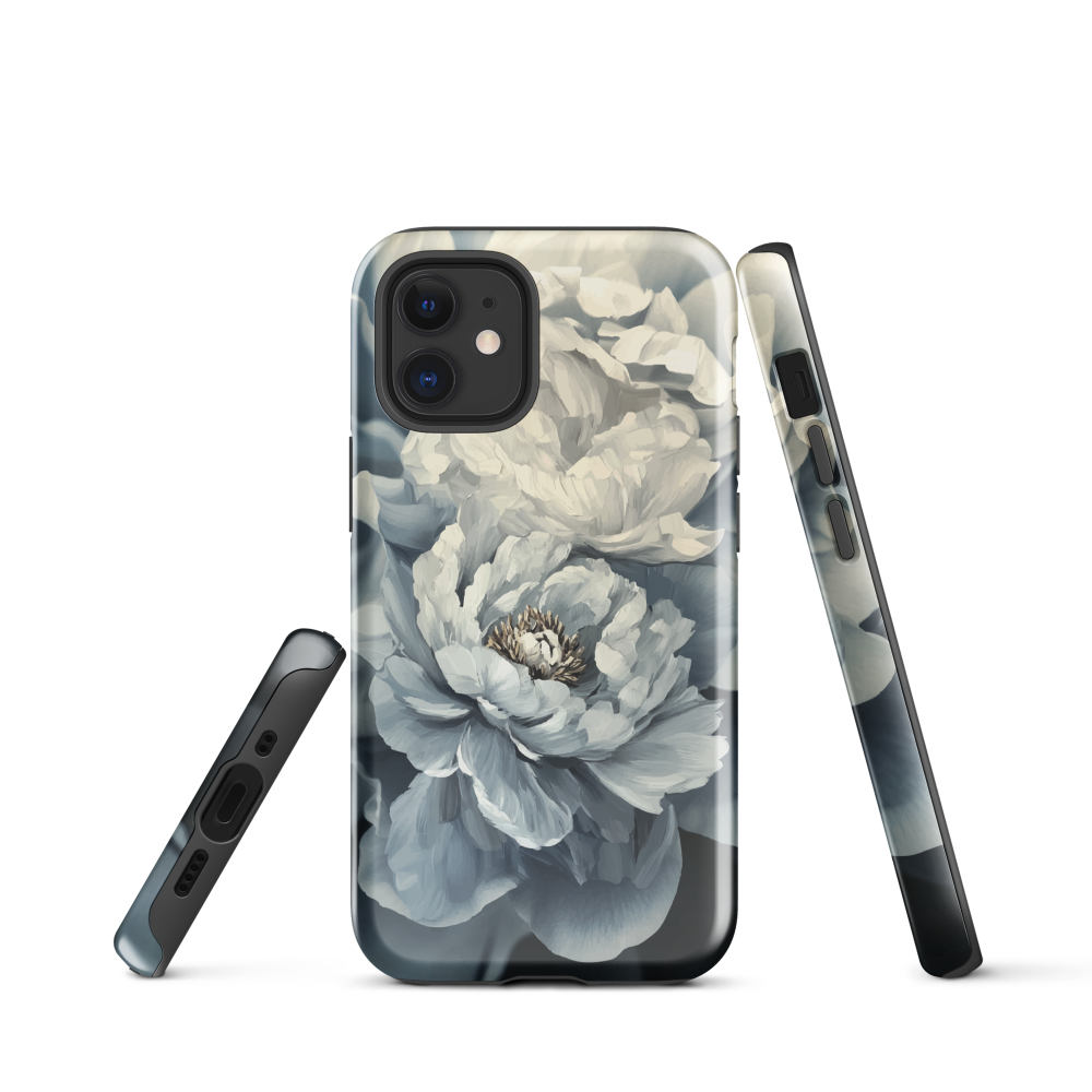 'Whisper' iPhone case features a stunning close-up of softly painted peony blooms in dreamy shades of ivory, grey, and smoky blue.