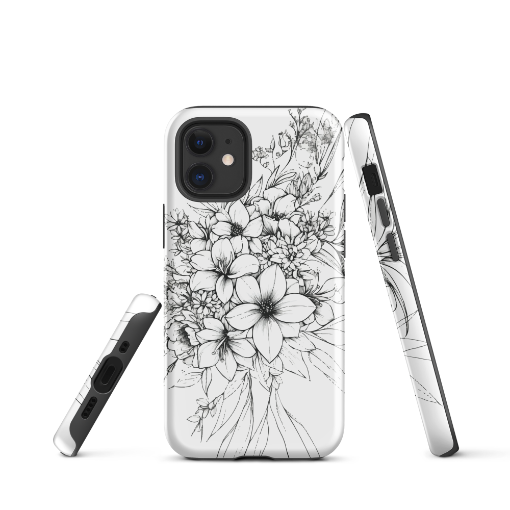 Black and white floral phone case with hand-drawn lilies and wildflowers