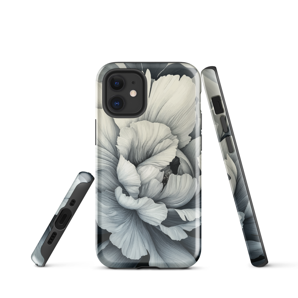 Black and white floral phone case featuring a soft, moody peony design by New Zealand artist Ben Hart.