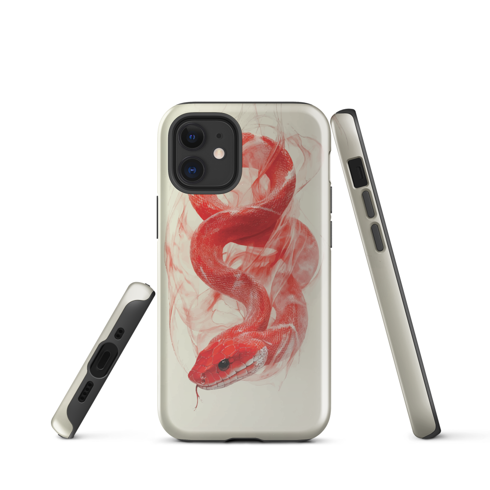 Phone case with red snake design on a cream background, coiled in smoky detail. Bold artwork by NZ designer Ben Hart.