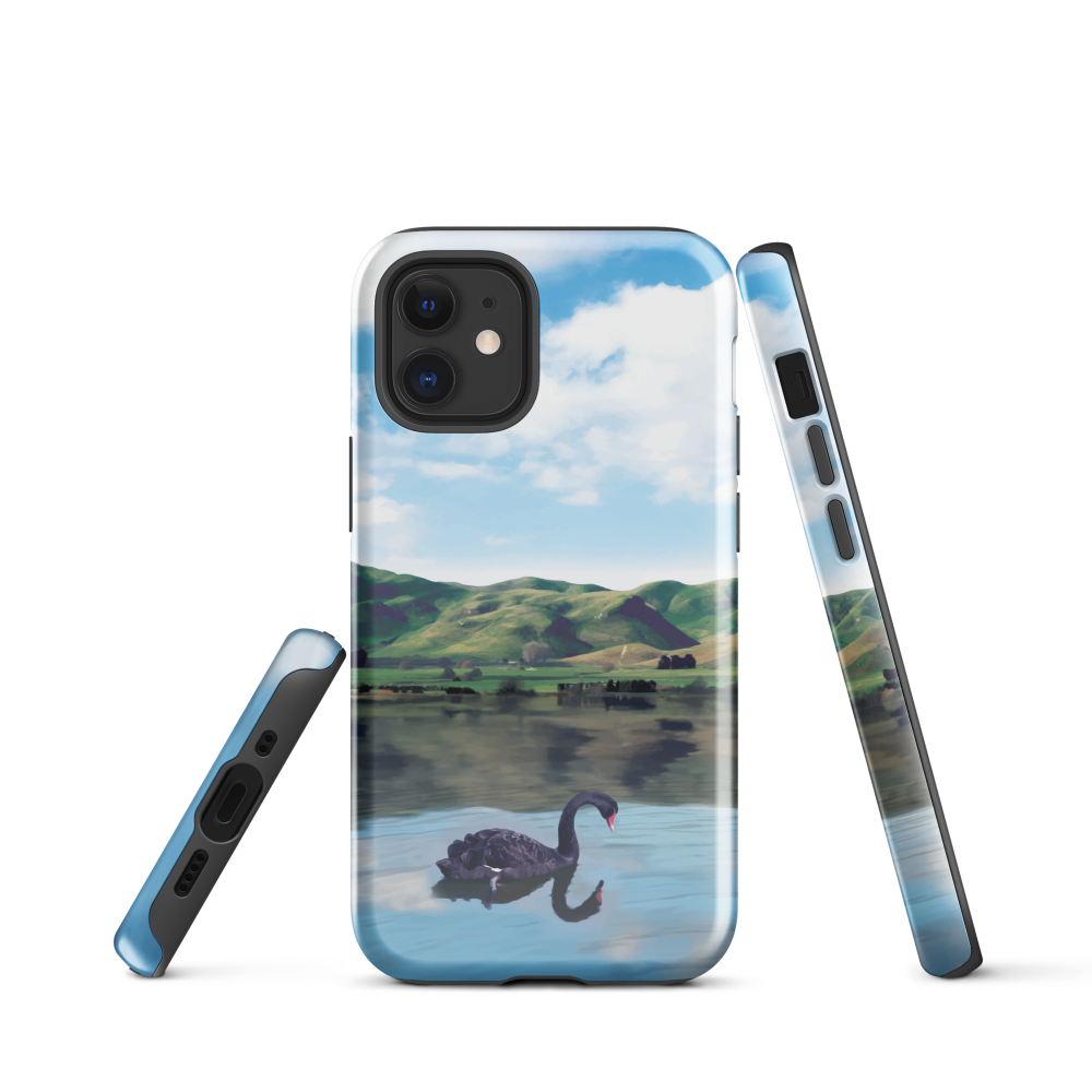 Phone case with a black swan on a calm lake, New Zealand hills in the background. Art by NZ designer Ben Hart.