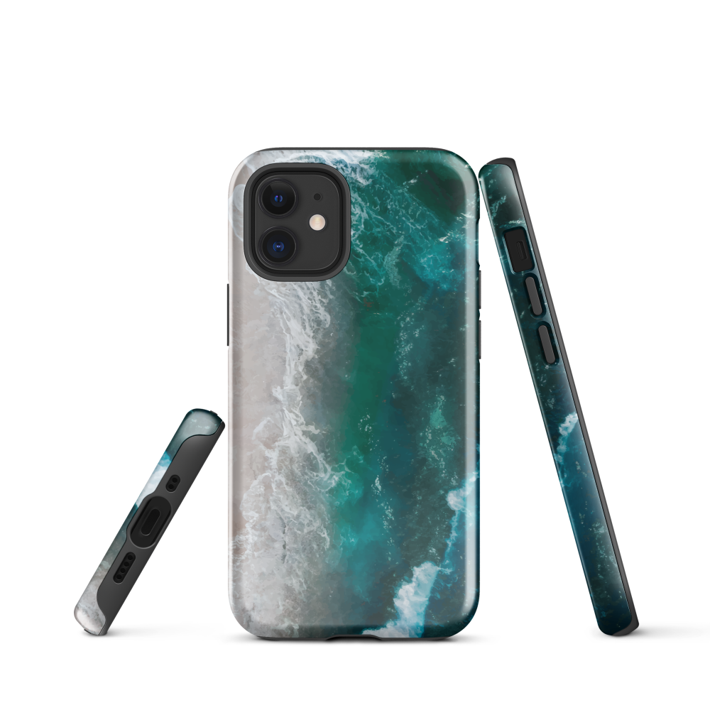 Ocean wave phone case with abstract beach design in teal and white, by NZ artist Ben Hart.