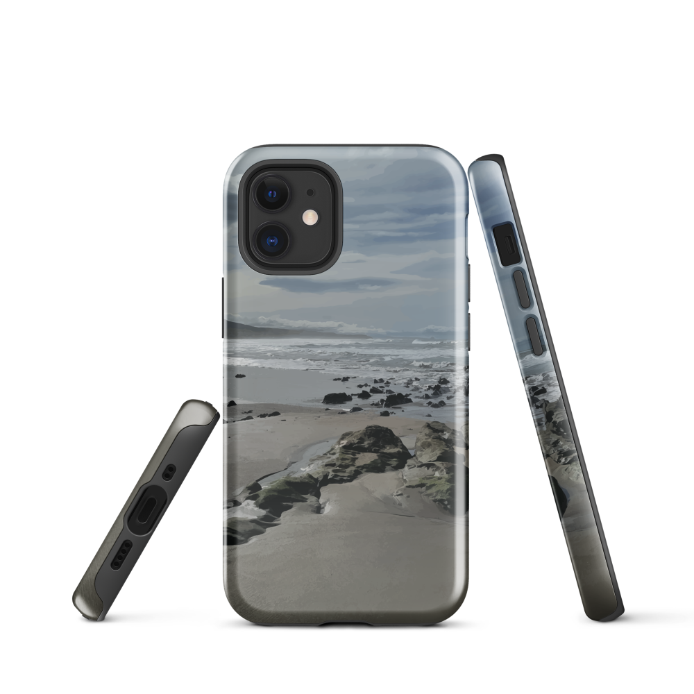 Phone case with artwork of Riversdale Beach, Masterton – rocks, waves and sky by NZ artist Ben Hart.