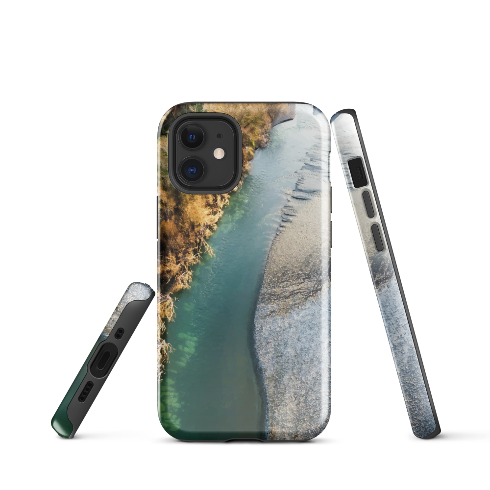 Phone case with aerial riverbend artwork and earthy tones, designed by New Zealand artist Ben Hart.