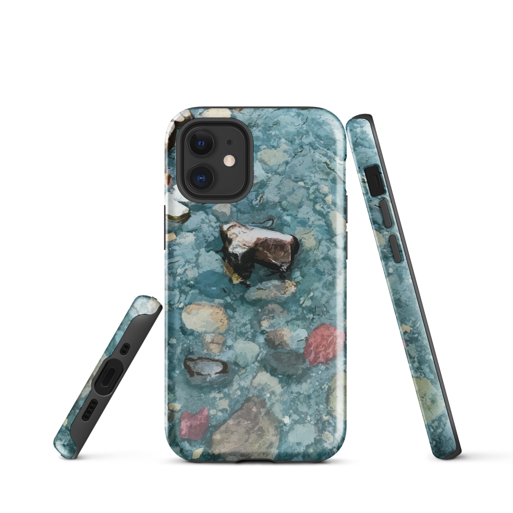 Washed Away designer phone case with abstract river stone artwork in earthy blues and natural tones.