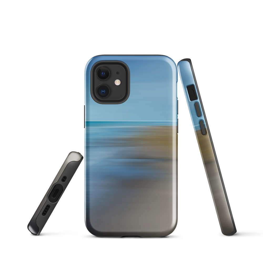 Ocean Breeze phone case with abstract blue and sandy tones inspired by sea and sky.