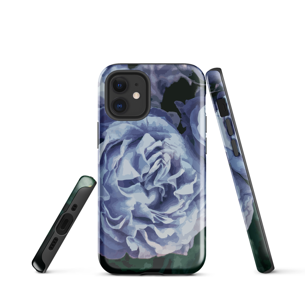 Designer phone case with a bold blue rose artwork and glossy finish.