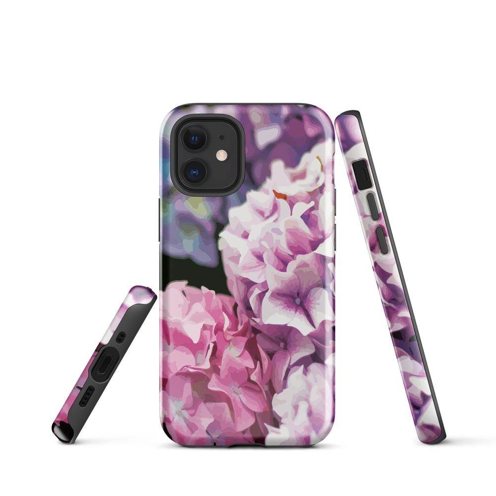 Designer phone case with pink and purple hydrangea floral artwork.