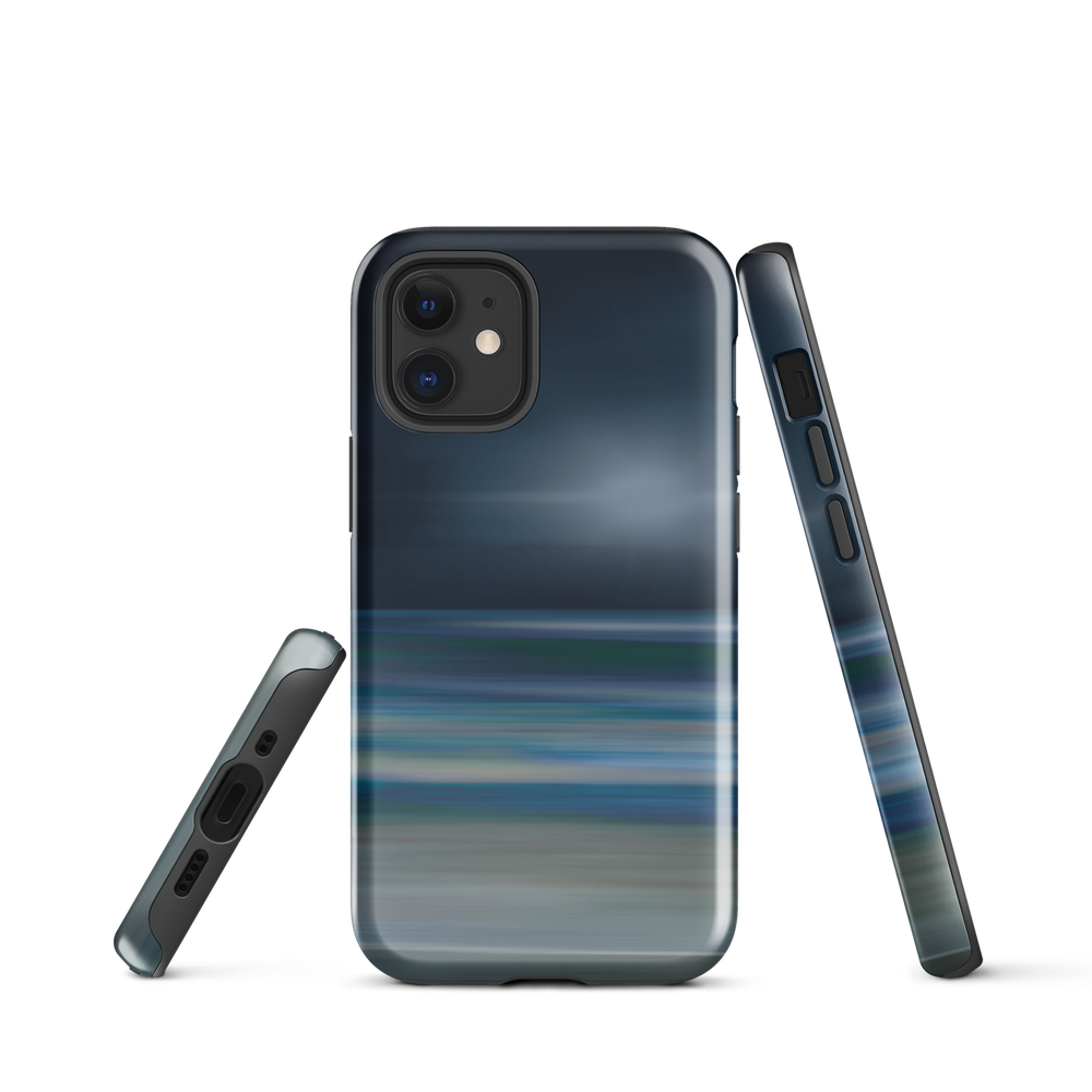 Dark abstract phone case with blue and grey streaks and glossy finish.