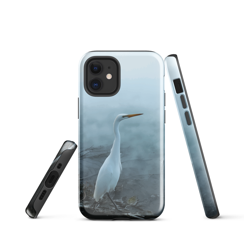 Phone case with a white heron standing in a misty wetland scene.