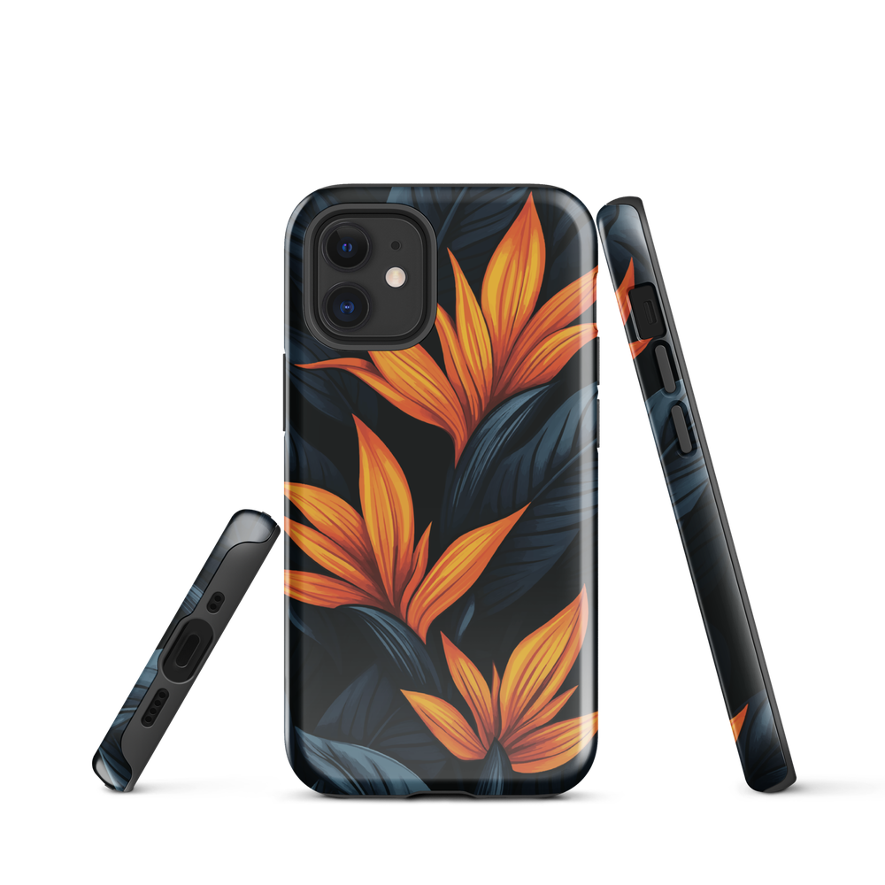 Phone case with bold orange bird of paradise flowers on dark background.