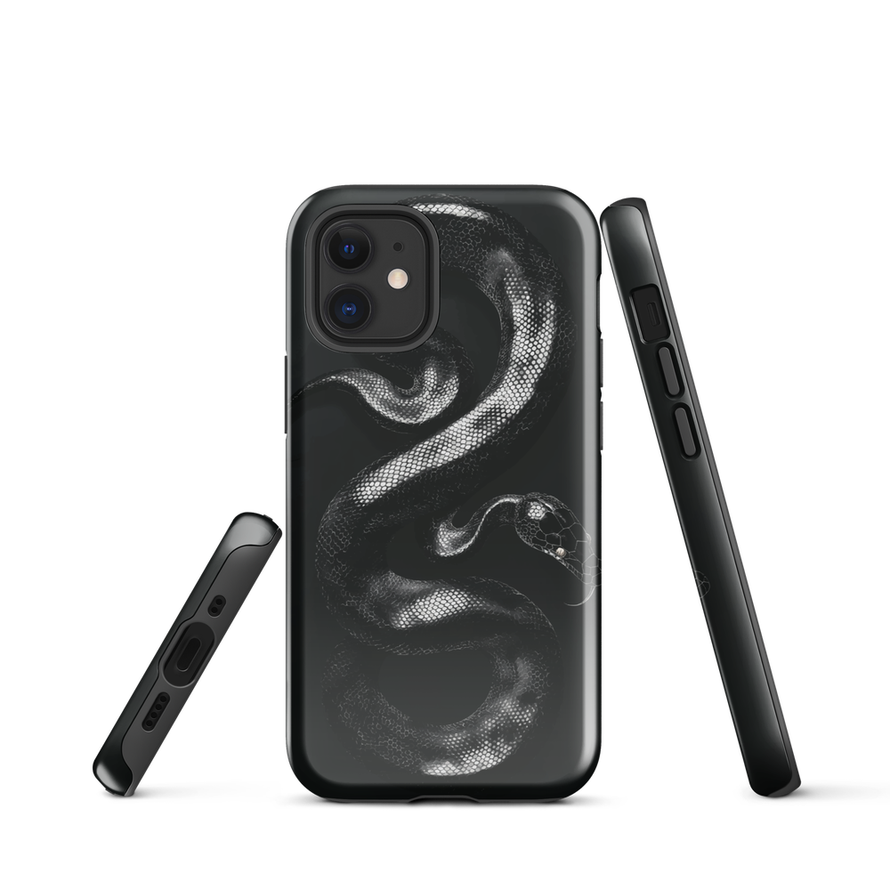 Phone case with detailed black python design on dark background.