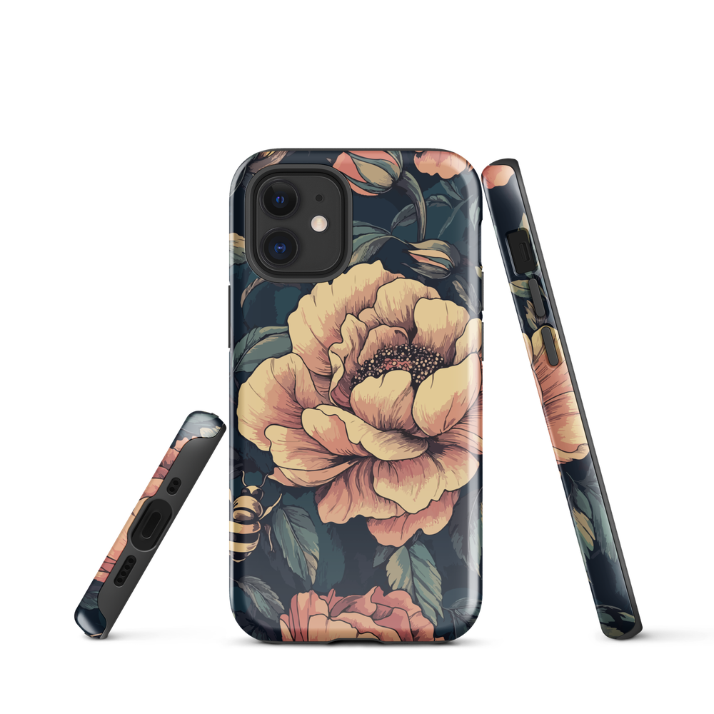 Phone case with vintage-style pink roses and bees on dark background, floral New Zealand artwork.