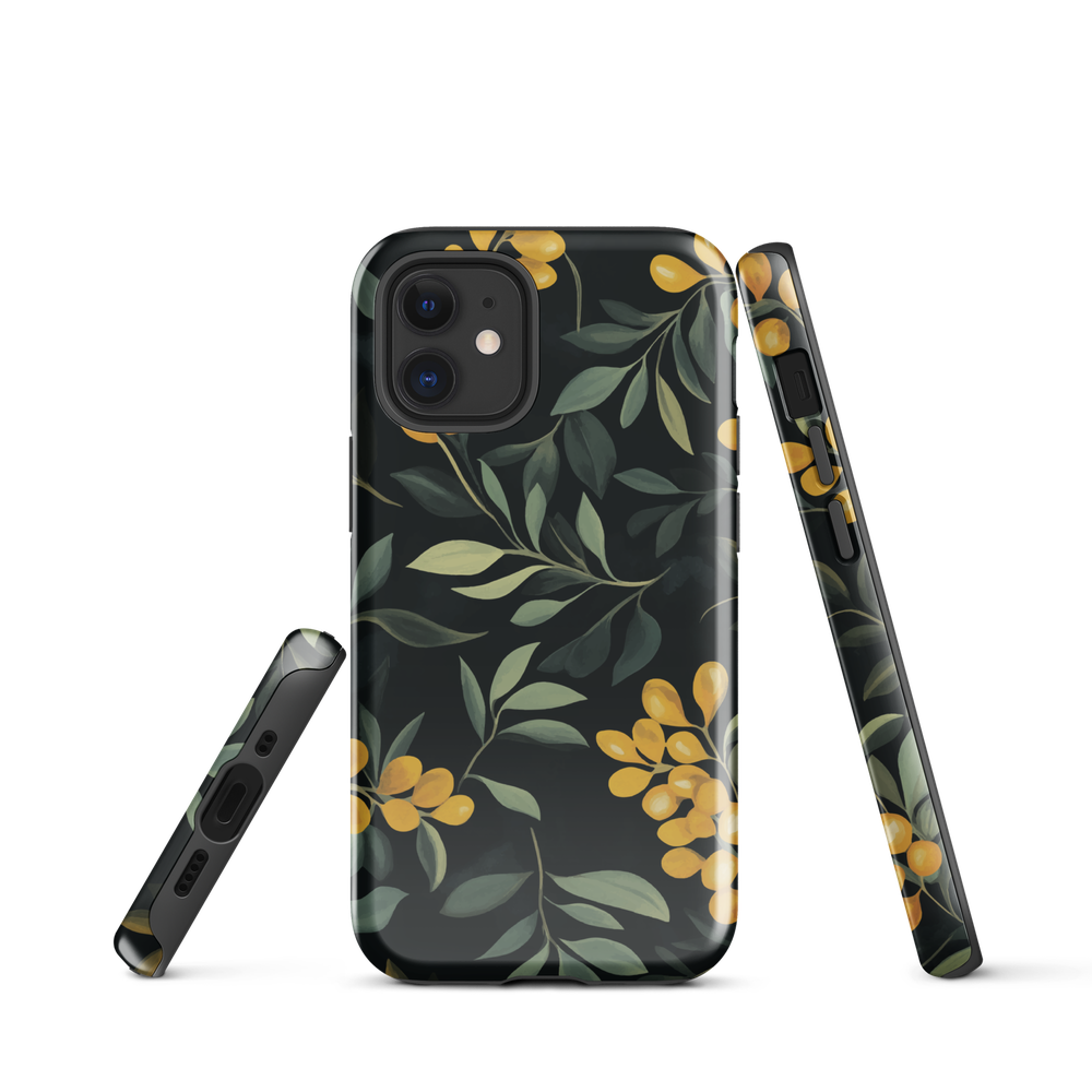 NZ Kowhai phone case with native yellow floral and green leaves on black background by designer Ben Hart.