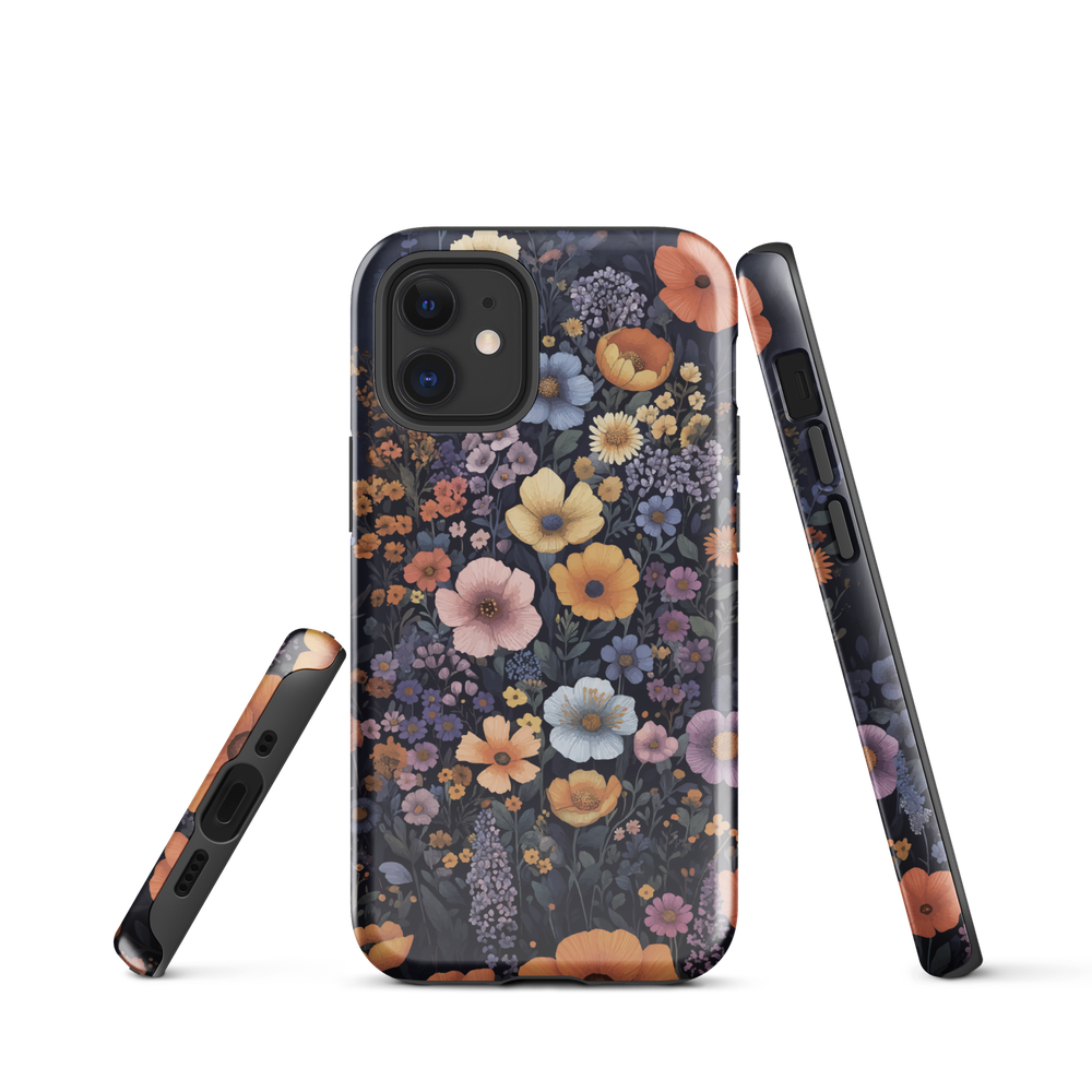 Phone case with colourful wildflowers on dark background, floral art design
