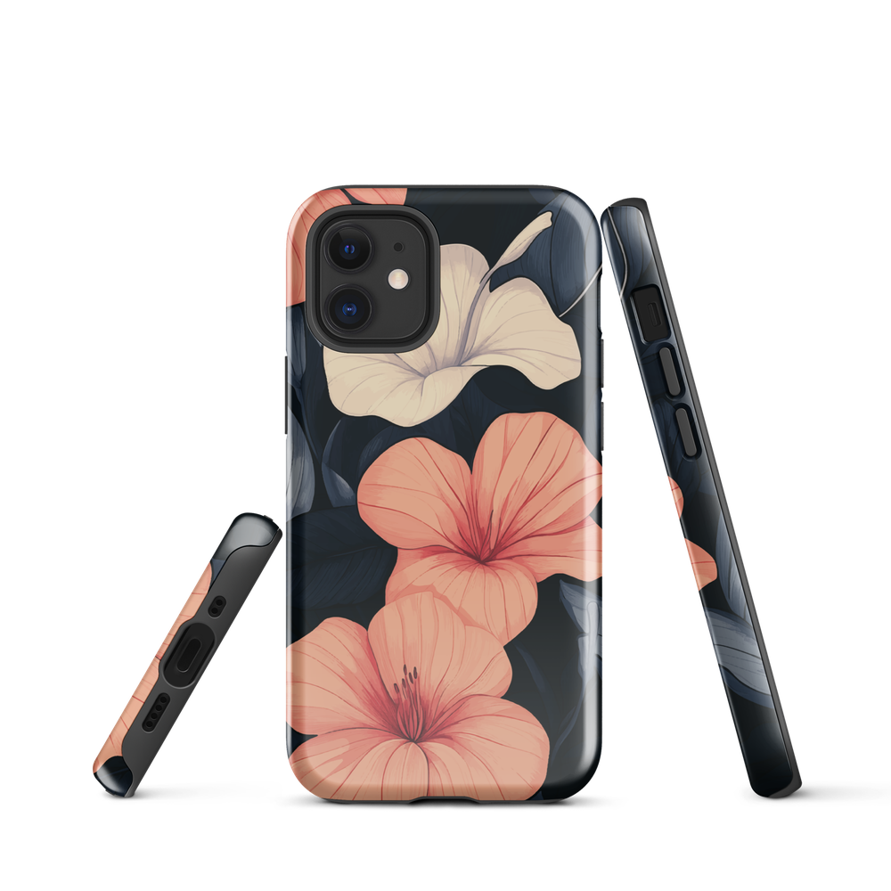 Phone case with coral hibiscus flowers and ivory blooms on dark background