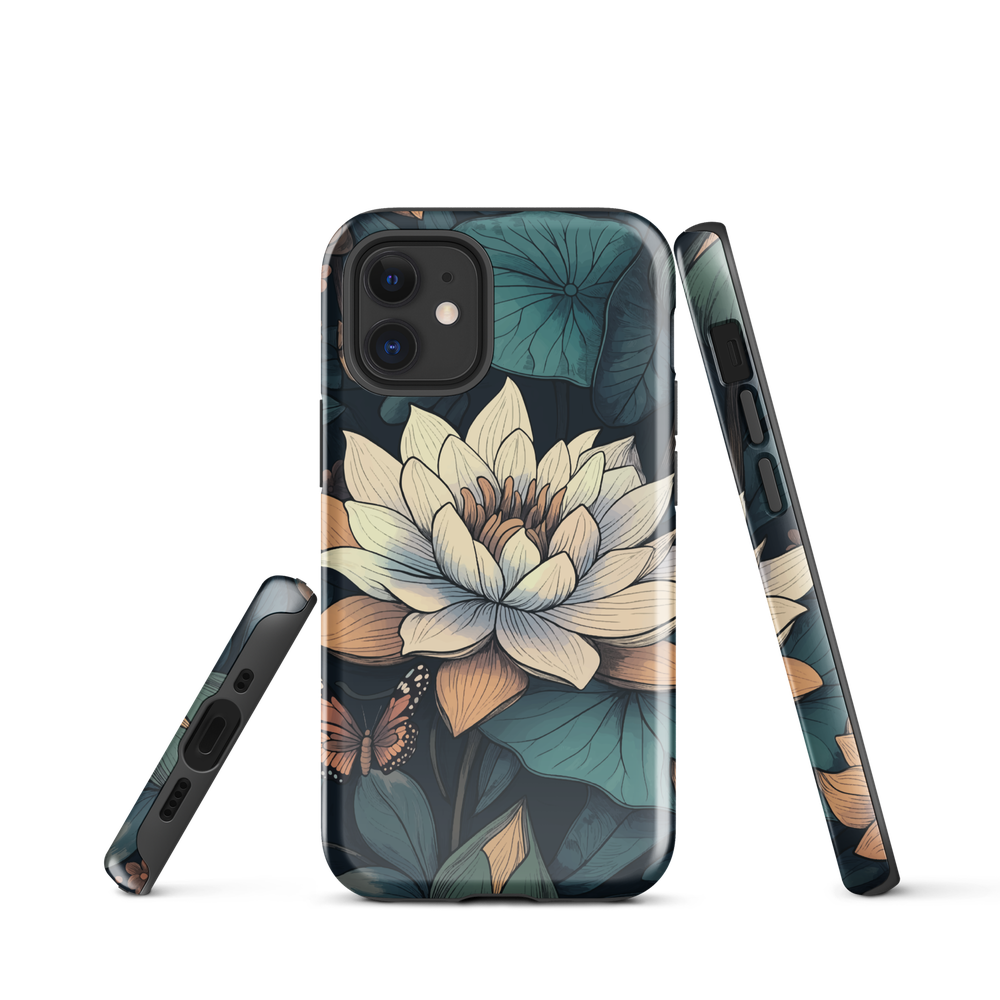 Phone case with ivory water lily, green leaves, and butterfly accents on dark background
