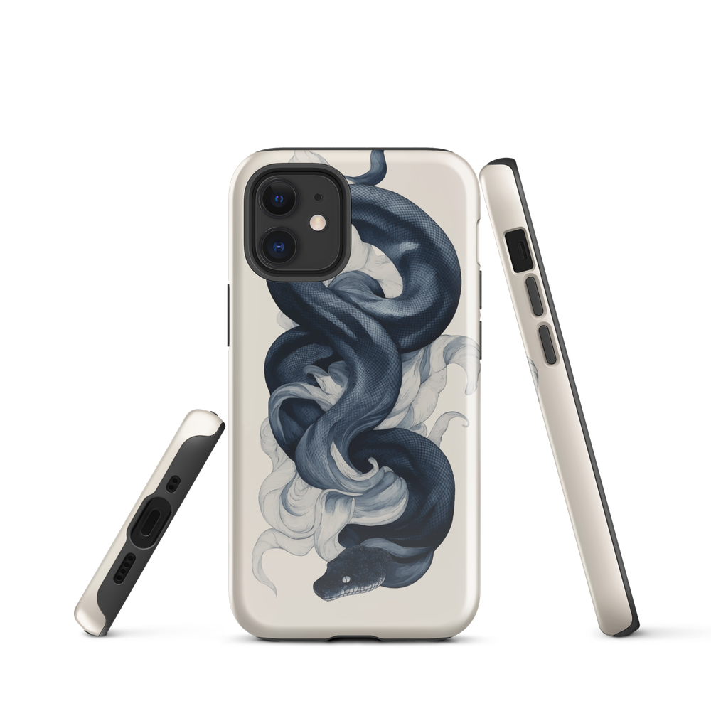 Phone case with black python and smoke design on cream background