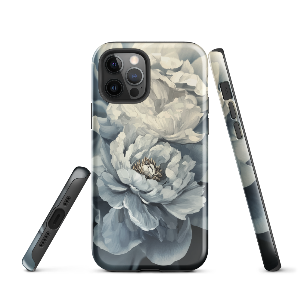 'Whisper' iPhone case features a stunning close-up of softly painted peony blooms in dreamy shades of ivory, grey, and smoky blue.