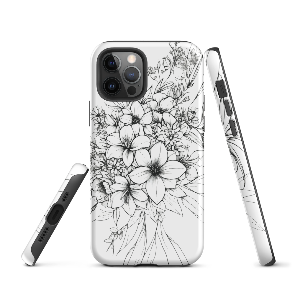 Black and white floral phone case with hand-drawn lilies and wildflowers