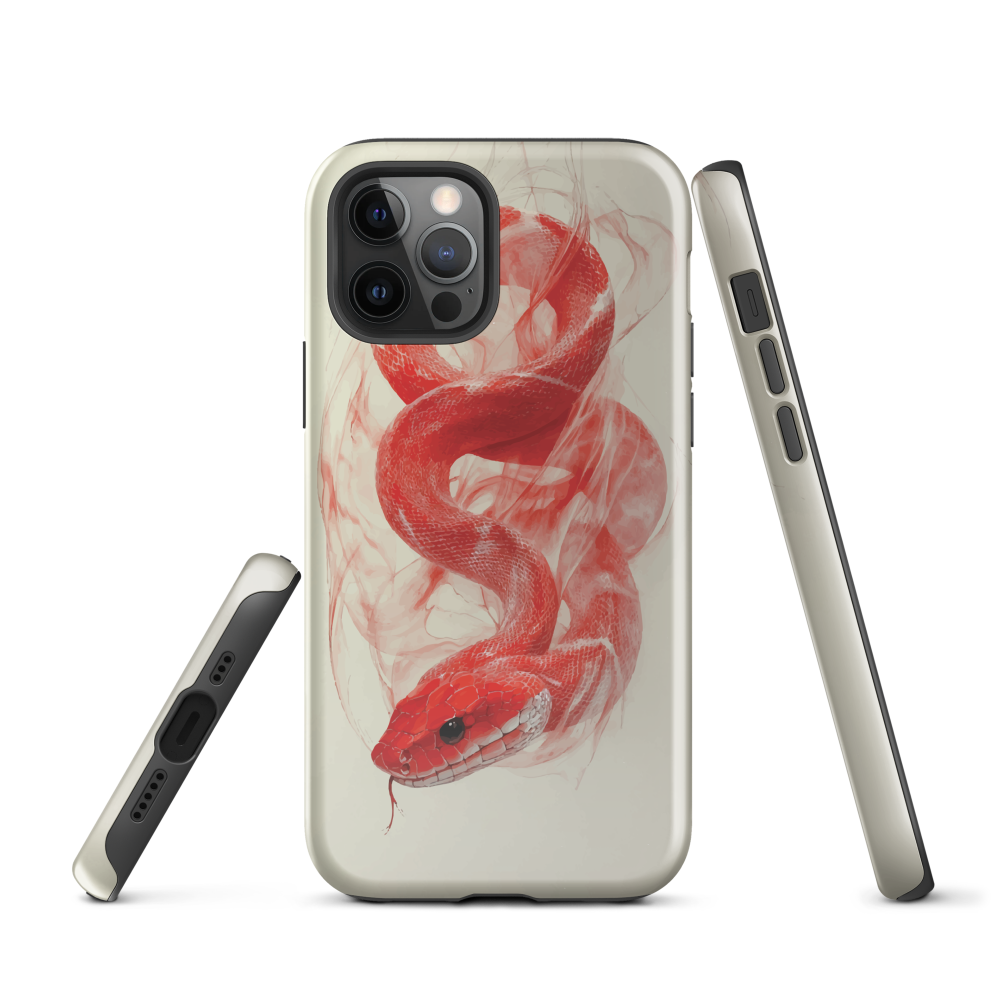 Phone case with red snake design on a cream background, coiled in smoky detail. Bold artwork by NZ designer Ben Hart.
