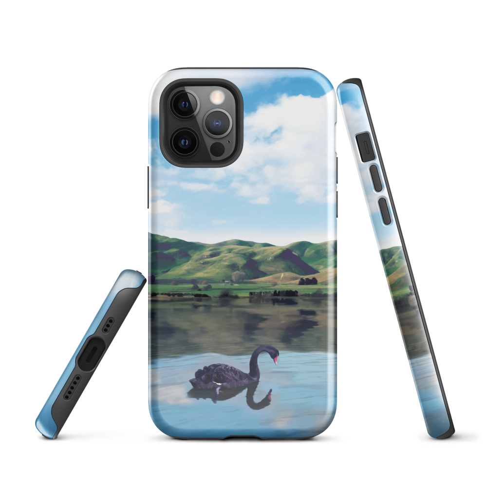 Phone case with a black swan on a calm lake, New Zealand hills in the background. Art by NZ designer Ben Hart.