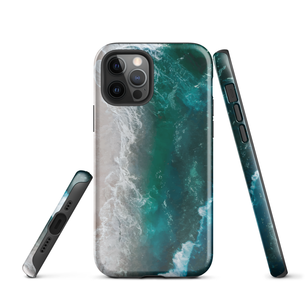Ocean wave phone case with abstract beach design in teal and white, by NZ artist Ben Hart.