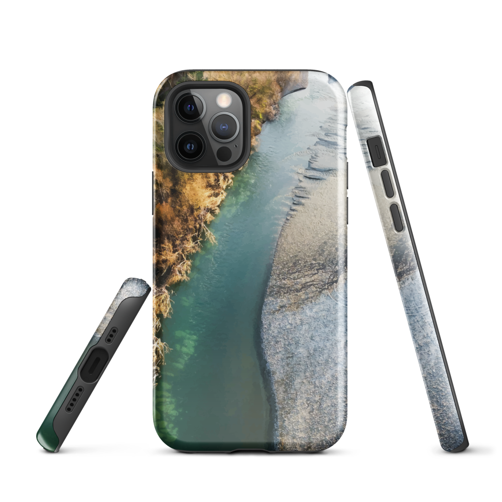 Phone case with aerial riverbend artwork and earthy tones, designed by New Zealand artist Ben Hart.